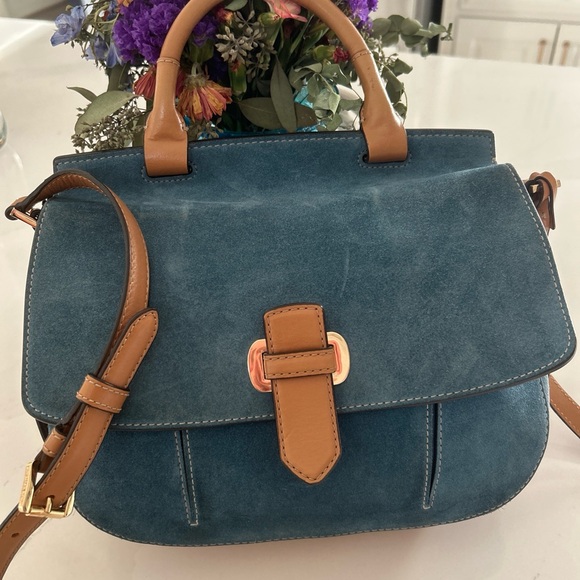 MICHAEL KORS ROMY DENIM BLUE SUEDE BROWN CROSSBODY MESSENGER BAG SATCHEL - Picture 4 of 16